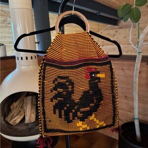 Vintage Woven Saddle Bag Purse with Rooster Design Wooden Handle